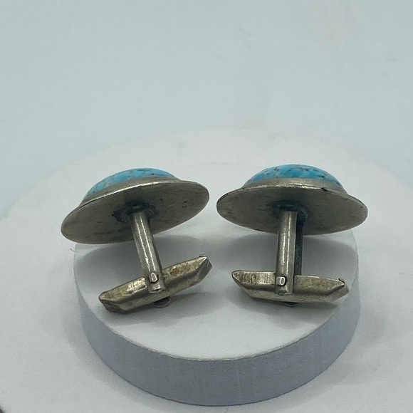 Vtg Turquoise Hubbell Glass Cabochon Silver Tone Cufflinks 1” - Picture 3 of 5